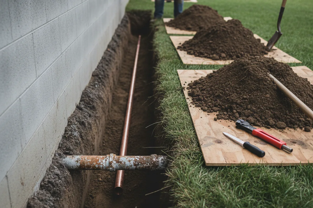 Excavated water line trench during Water Heater Repair in Fairview